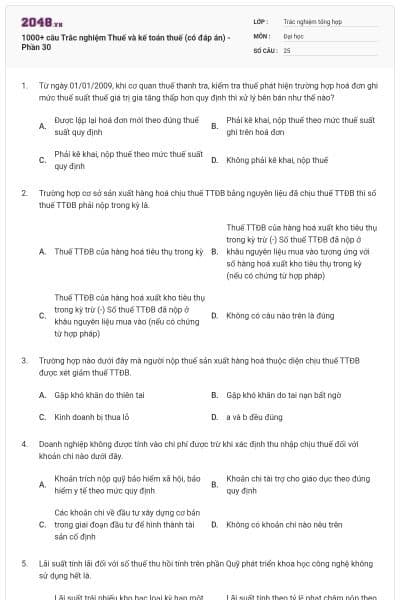 1000+ câu Trắc nghiệm Thuế và kế toán thuế (có đáp án) - Phần 30