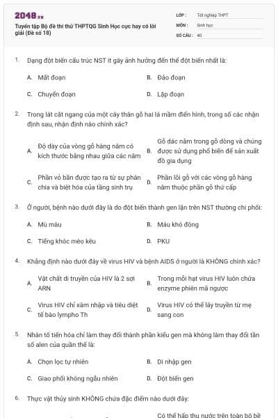 Tuyển tập Bộ đề thi thử THPTQG Sinh Học cực hay có lời giải (Đề số 18)