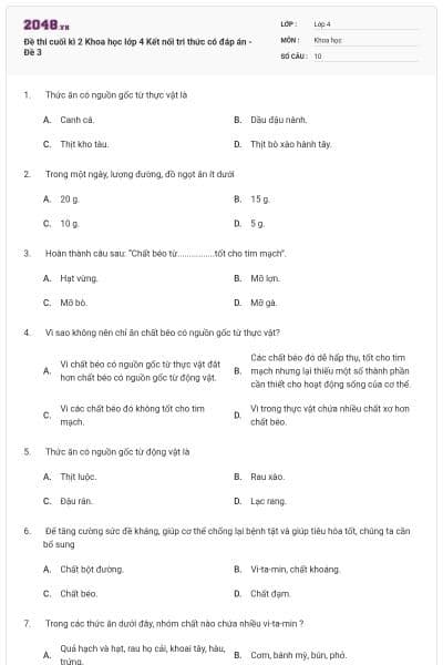 Đề thi cuối kì 2 Khoa học lớp 4 Kết nối tri thức có đáp án - Đề 3