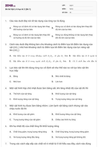 Đề thi Vật Lí 6 học kì 2 (Đề 1)