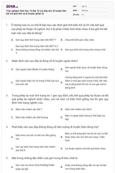 Trắc nghiệm Sinh Học 12 Bài 12 (có đáp án): Di truyền liên kết với giới tính và di truyền (phần 2)