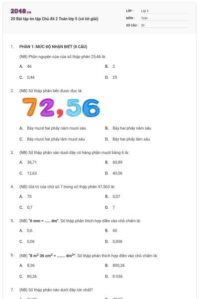 20 Bài tập ôn tập Chủ đề 2 Toán lớp 5 (có lời giải)