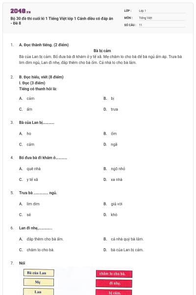 Bộ 30 đề thi cuối kì 1 Tiếng Việt lớp 1 Cánh diều có đáp án - Đề 8