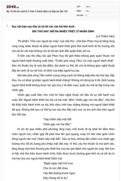 Bộ 10 đề thi cuối kì 2 Văn 9 Cánh diều có đáp án (Đề 10)