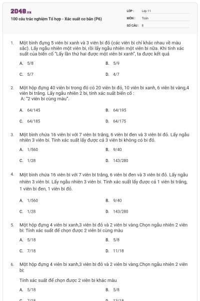 100 câu trắc nghiệm Tổ hợp - Xác suất cơ bản (P6)