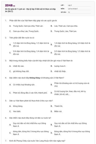 Đề thi giữa kì 1 Lịch sử - Địa lý lớp 5 Kết nối tri thức có đáp án (Đề 2)