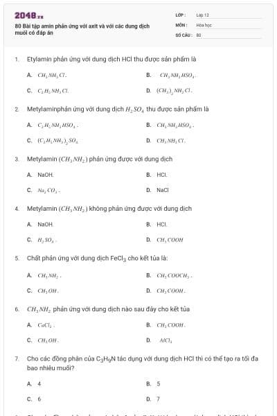 80 Bài tập amin phản ứng với axit và với các dung dịch muối có đáp án