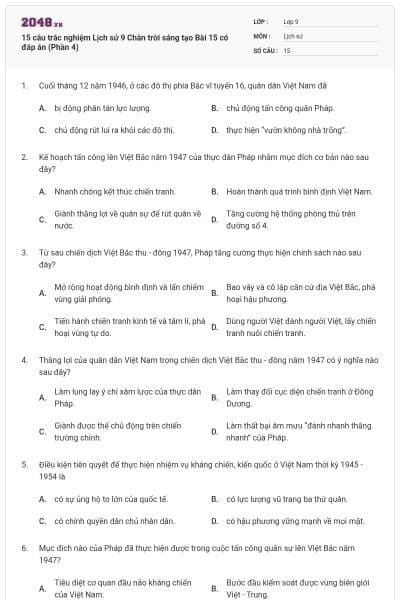 15 câu trắc nghiệm Lịch sử 9 Chân trời sáng tạo Bài 15 có đáp án (Phần 4)