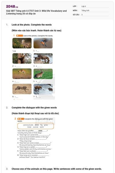 Giải SBT Tiếng anh 6 CTST Unit 3: Wild life Vocabulary and Listening trang 26 có đáp án