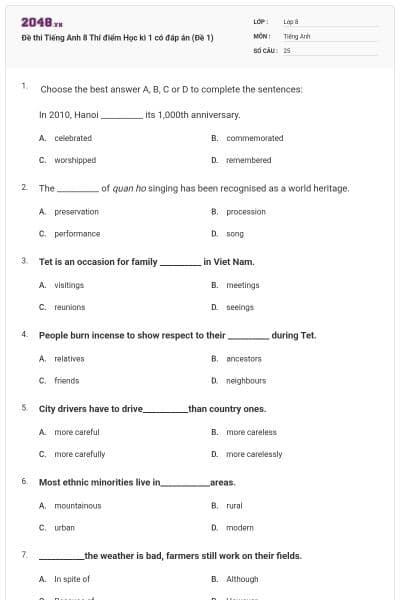 Đề thi Tiếng Anh 8 Thí điểm Học kì 1 có đáp án (Đề 1)