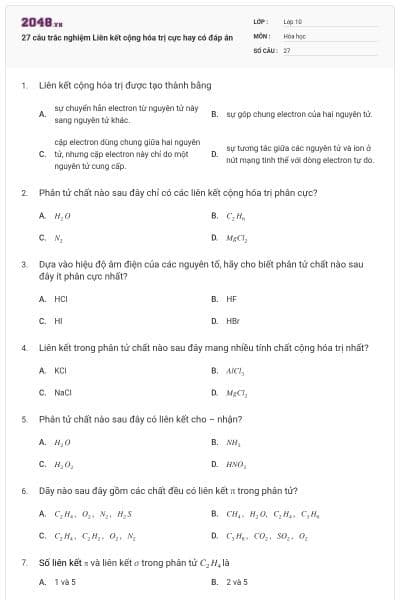 27 câu trắc nghiệm Liên kết cộng hóa trị cực hay có đáp án
