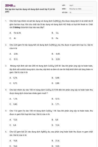 Bài tập kim loại tác dụng với dung dịch muối lớp 9 (có lời giải)