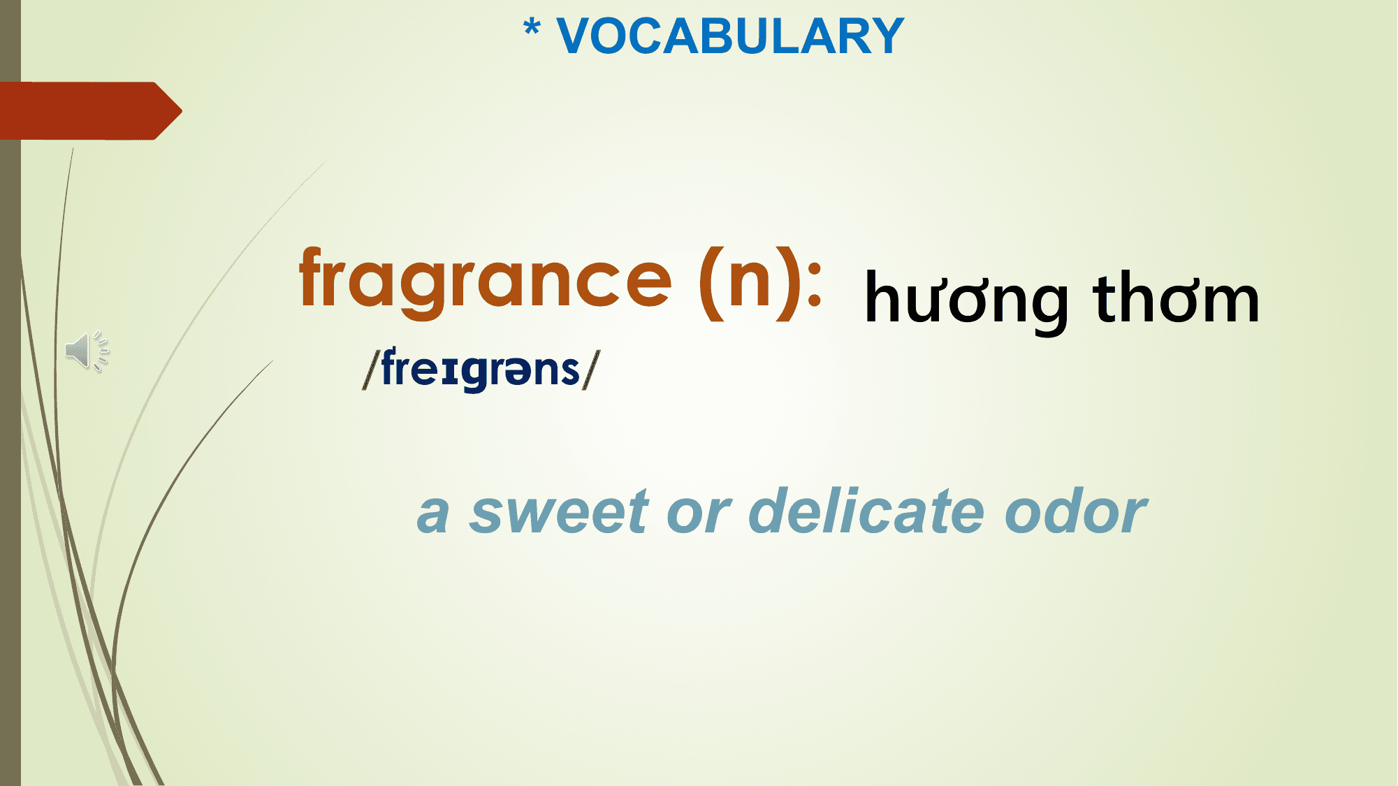 * VOCABULARY

fragrance (n): hương thơm
 /ˈ
 freɪɡrəns/

 a sweet or delicate odor