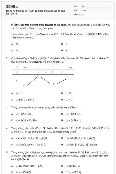 Bộ 20 đề thi Giữa kì 1 Toán 12 Chân trời sáng tạo có đáp án - Đề 13