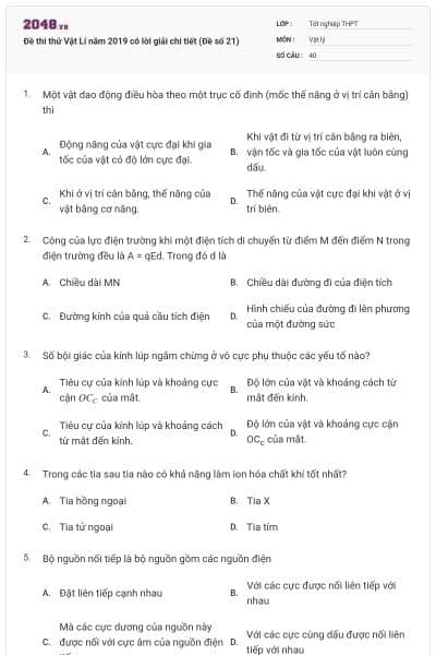 Đề thi thử Vật Lí năm 2019 có lời giải chi tiết (Đề số 21)