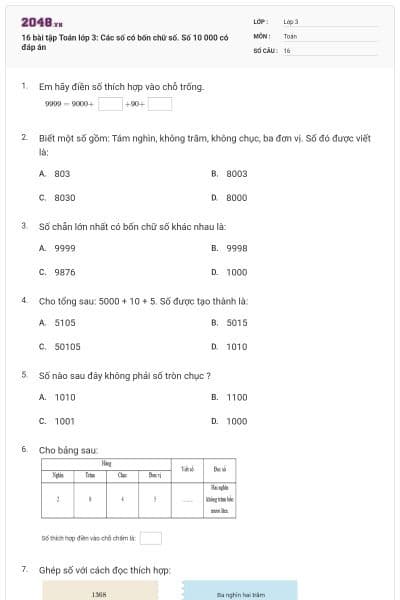 16 bài tập Toán lớp 3: Các số có bốn chữ số. Số 10 000 có đáp án
