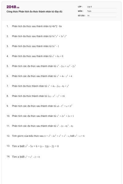 Công thức Phân tích đa thức thành nhân tử đầy đủ