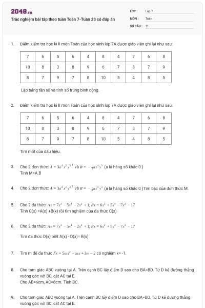 Trắc nghiệm bài tâp theo tuần Toán 7-Tuần 33 có đáp án