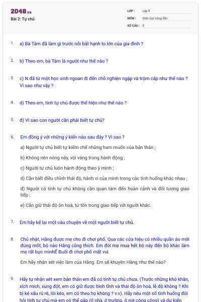 Bài 2: Tự chủ