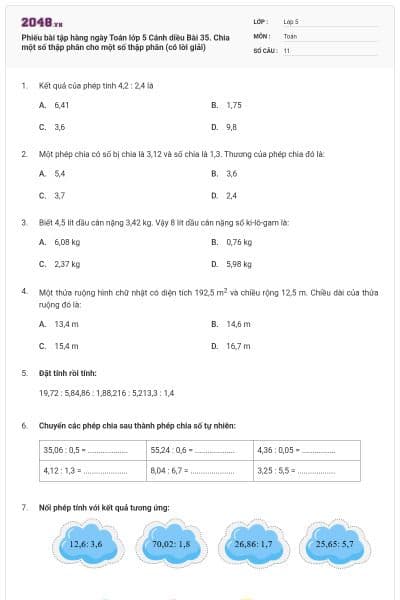 Phiếu bài tập hàng ngày Toán lớp 5 Cánh diều Bài 35. Chia một số thập phân cho một số thập phân (có lời giải)