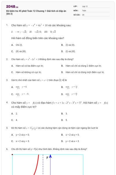 Đề kiểm tra 45 phút Toán 12 Chương 1 Giải tích có đáp án (Đề 3)