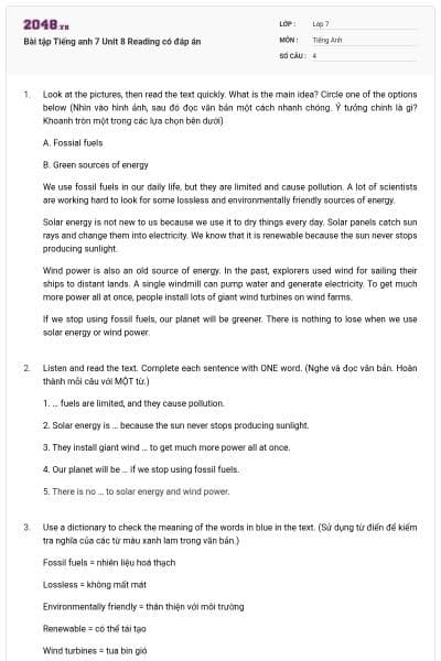Bài tập Tiếng anh 7 Unit 8 Reading có đáp án
