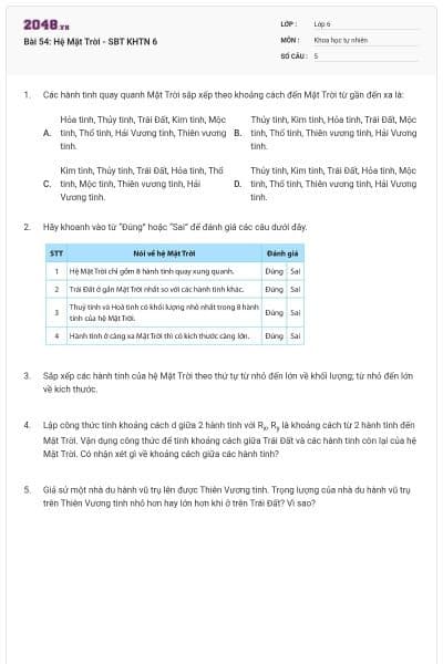 Bài 54: Hệ Mặt Trời - SBT KHTN 6