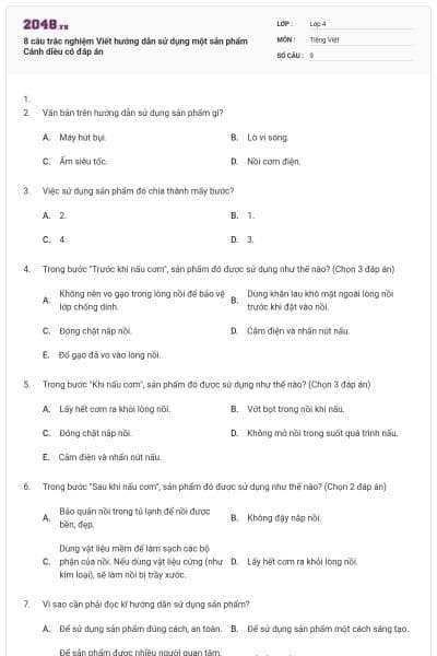 8 câu trắc nghiệm Viết hướng dẫn sử dụng một sản phẩm Cánh diều có đáp án