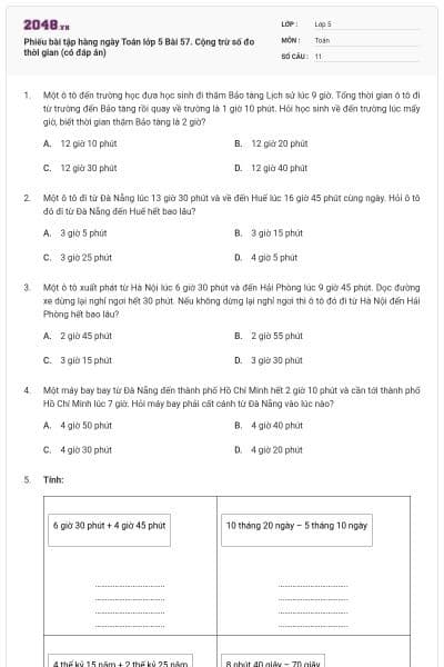 Phiếu bài tập hàng ngày Toán lớp 5 Bài 57. Cộng trừ số đo thời gian (có đáp án)