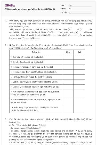 Viết đoạn văn ghi lại cảm nghĩ về bài thơ lục bát (Phần 2)