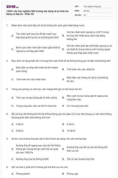1000+ câu trắc nghiệm Môi trường xây dựng và an toàn lao động có đáp án - Phần 45