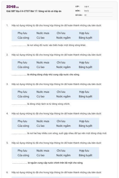 Giải SBT Địa lí 6 CTST Bài 17: Sông và hồ có đáp án