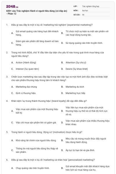 600+ câu Trắc nghiệm Hành vi người tiêu dùng (có đáp án) - Phần 12