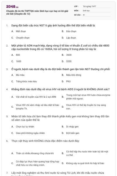 Chuyên đề ôn thi THPTQG môn Sinh học cực hay có lời giải chi tiết (Chuyên đề 13)