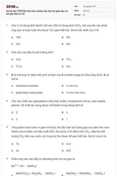 Đề thi thử THPTQG Hóa Học chuẩn cấu trúc bộ giáo dục có lời giải (Đề số 16)