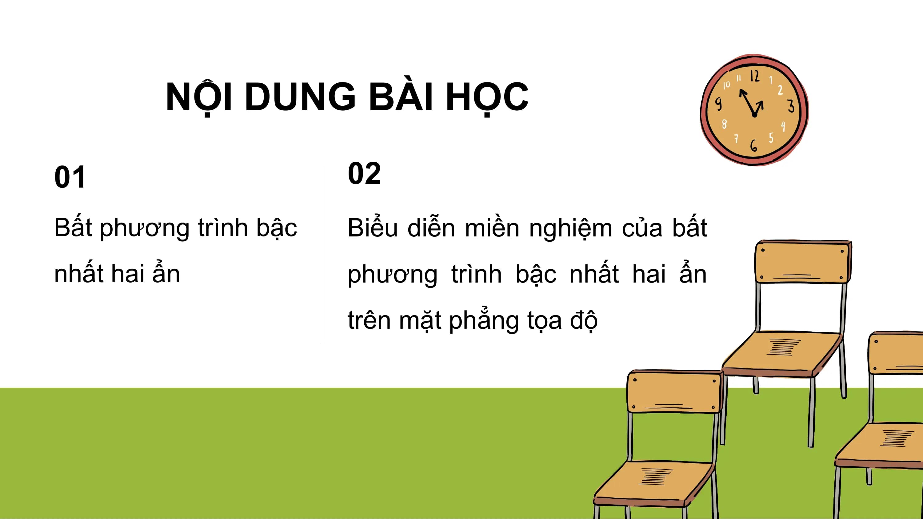 NỘI DUNG BÀI HỌC
01 02
Bất phương trình bậc Biểu diễn miền nghiệm của bất
nhất hai ẩn phương trình bậc nhất hai ẩn
trên mặt phẳng tọa độ