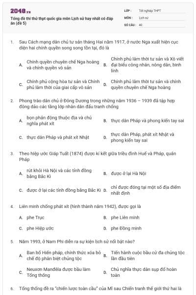 Tổng đề thi thử thpt quốc gia môn Lịch sử hay nhất có đáp án (đề 5)
