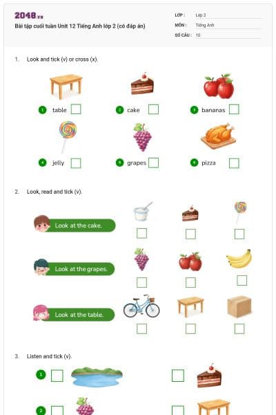 Bài tập cuối tuần Unit 12 Tiếng Anh lớp 2 (có đáp án)