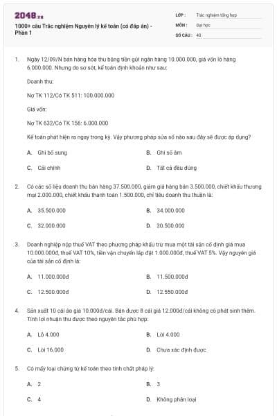 1000+ câu Trắc nghiệm Nguyên lý kế toán (có đáp án) - Phần 1