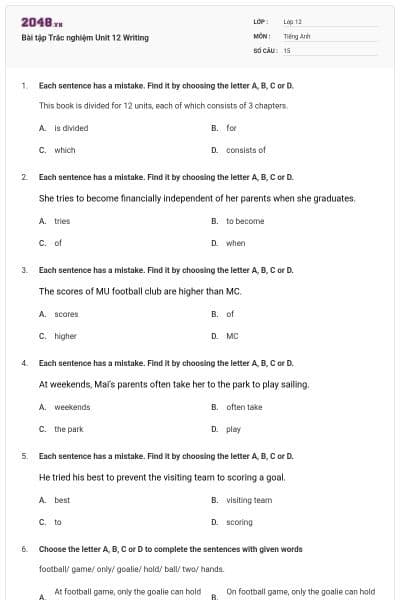 Bài tập Trắc nghiệm Unit 12 Writing
