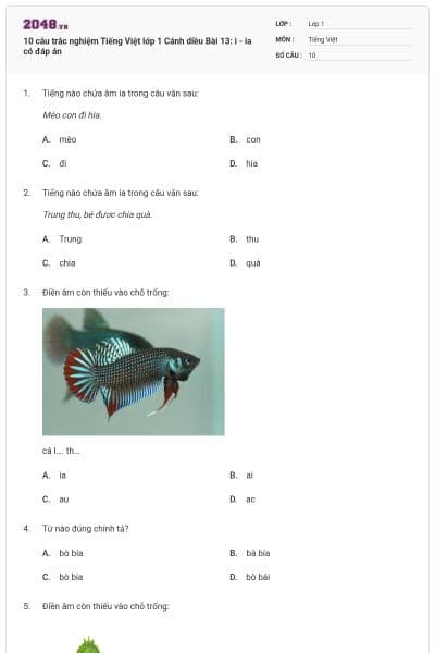 10 câu trắc nghiệm Tiếng Việt lớp 1 Cánh diều Bài 13: i - ia có đáp án