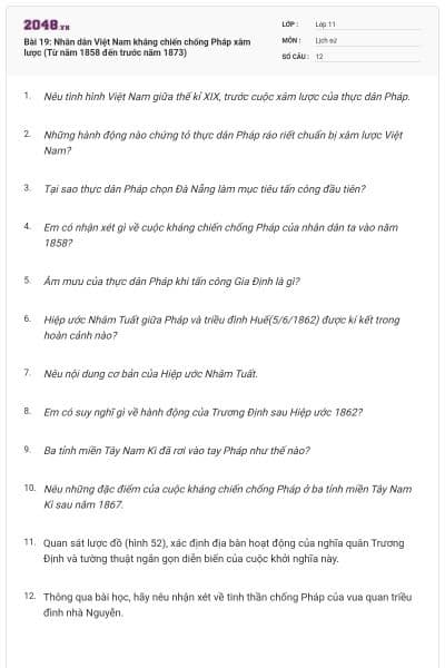 Bài 19: Nhân dân Việt Nam kháng chiến chống Pháp xâm lược (Từ năm 1858 đến trước năm 1873)