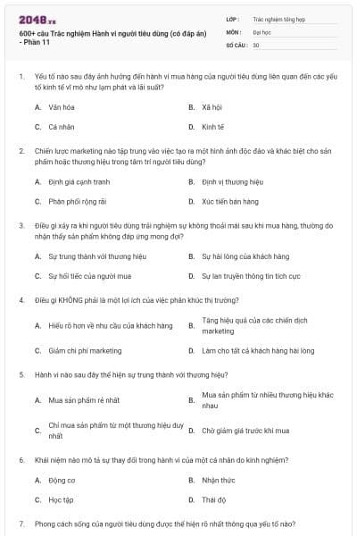600+ câu Trắc nghiệm Hành vi người tiêu dùng (có đáp án) - Phần 11