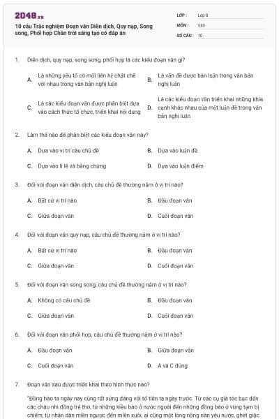 10 câu Trắc nghiệm Đoạn văn Diễn dịch, Quy nạp, Song song, Phối hợp Chân trời sáng tạo có đáp án