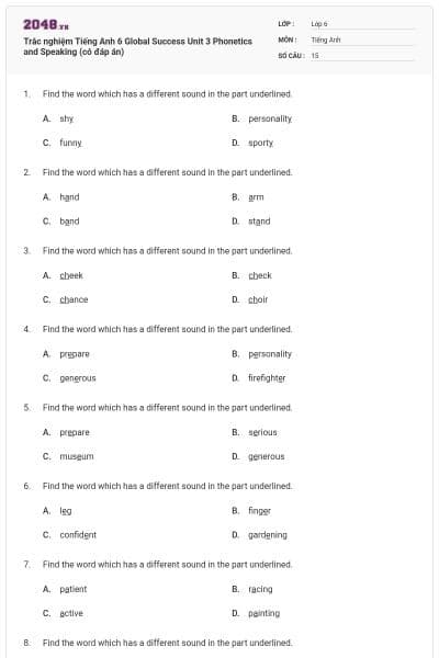 Trắc nghiệm Tiếng Anh 6 Global Success Unit 3 Phonetics and Speaking (có đáp án)