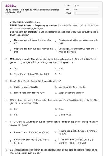 Bộ 3 đề thi cuối kì 1 Vật lí 10 Kết nối tri thức cấu trúc mới có đáp án - Đề 3