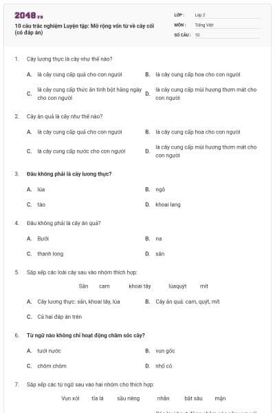 10 câu trắc nghiệm Luyện tập: Mở rộng vốn từ về cây cối (có đáp án)
