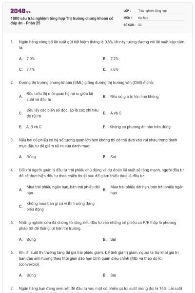 1000 câu trắc nghiệm tổng hợp Thị trường chứng khoán có đáp án - Phần 25