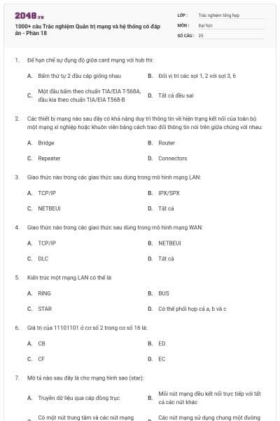1000+ câu Trắc nghiệm Quản trị mạng và hệ thống có đáp án - Phần 18