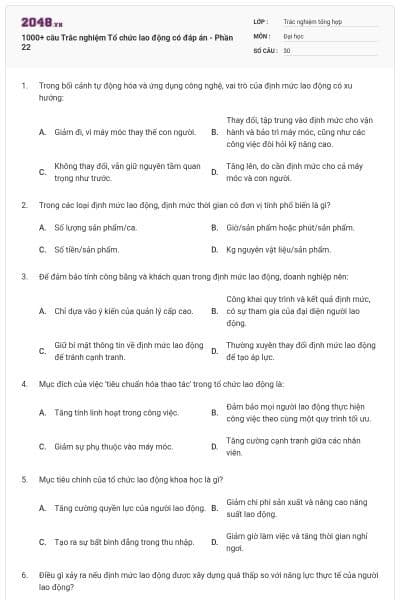 1000+ câu Trắc nghiệm Tổ chức lao động có đáp án - Phần 22
